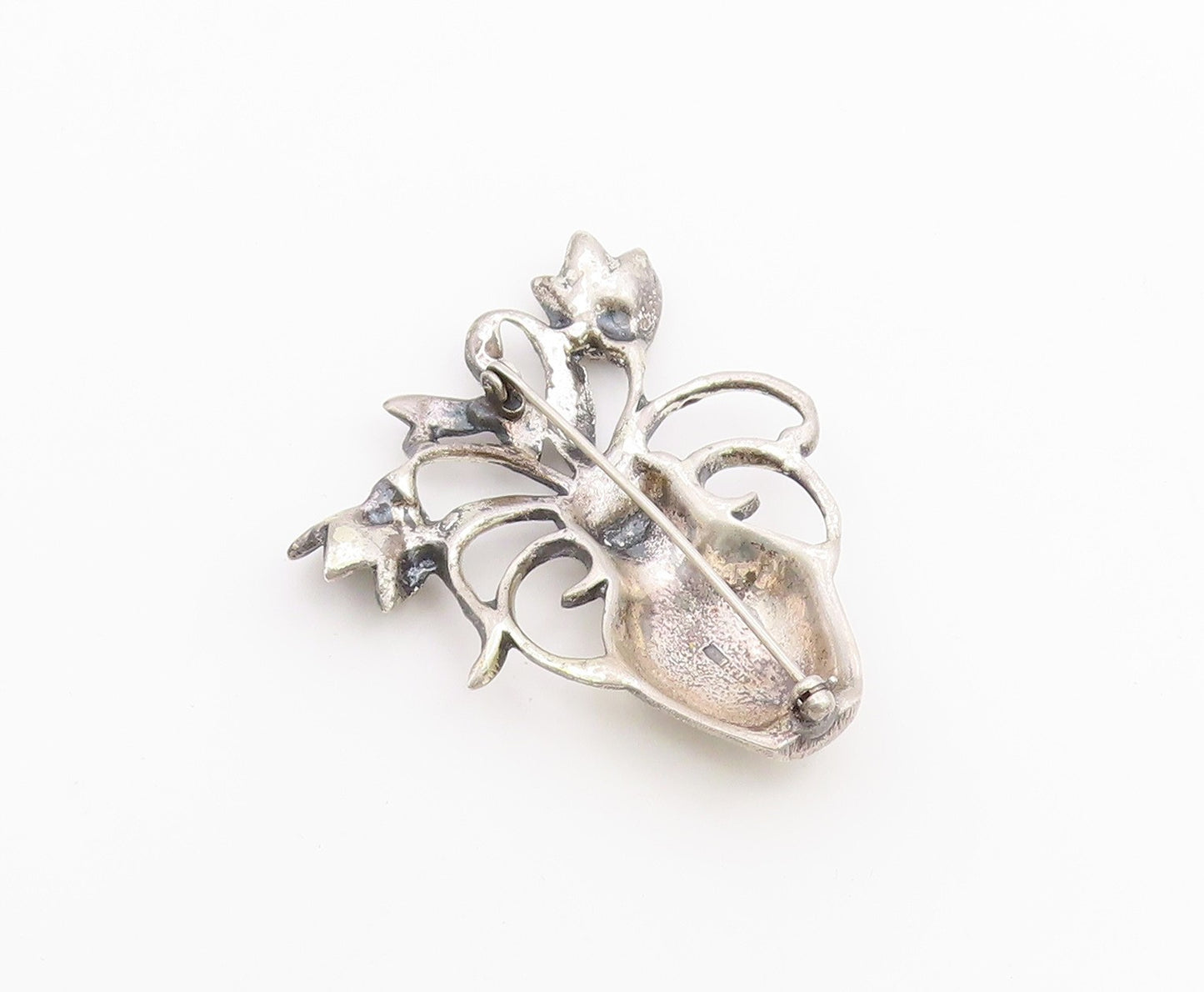 925 Sterling Silver  Vintage Oxidized Vase Of Flower Motif Brooch Pin  BP6324