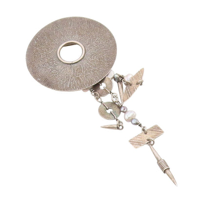925 Sterling Silver Vintage Brooch Pin ROPER Pearl Geometric Dangle  BP12432