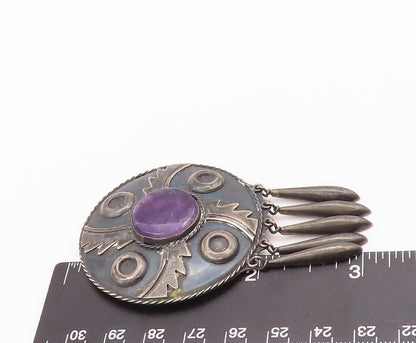 925 Sterling Silver Vintage Brooch Pin DAMASO GALLEGOS Amethyst Carved  BP10852