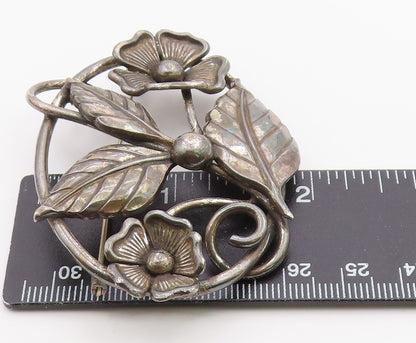 925 Sterling Silver  Vintage Oxidized Flowers Motif Oval Brooch Pin  BP4391