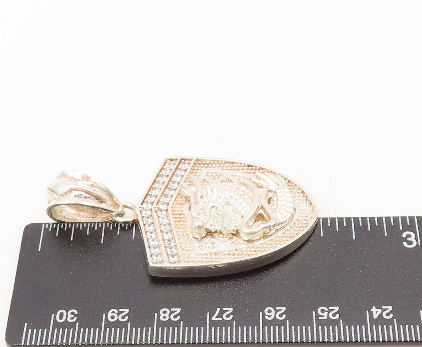 925 Sterling Silver Vintage Pendant Dragon Carved Shield Beaded Topaz  PT22622
