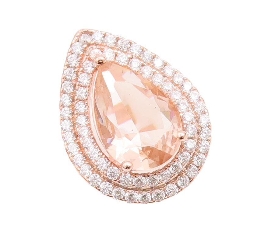 925 Sterling Silver Vintage Ring Drop Cut Morganite Halo CZ Bands Sz 7.5 RG29070