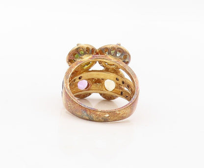 925 Sterling Silver Vintage Ring Gold Plated Diamonds & Gemstones  Sz 7  RG30239