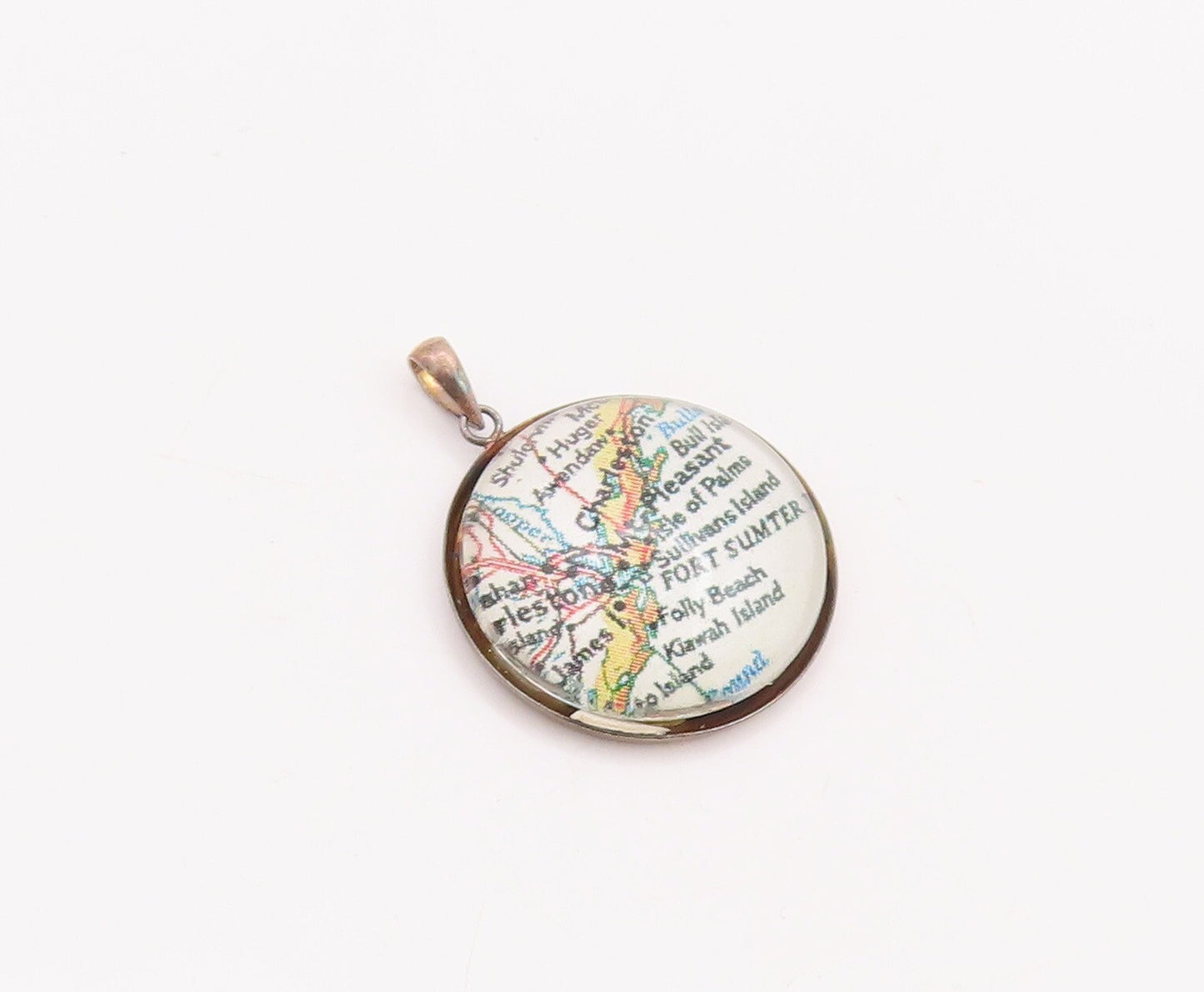925 Sterling Silver Vintage Pendant Minimalist Round Map  PT23363