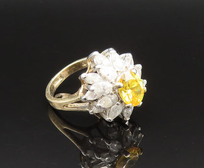 925 Sterling Silver Vintage Citrine & Cubic Zirconia Flower Ring Sz 7.5  RG25496
