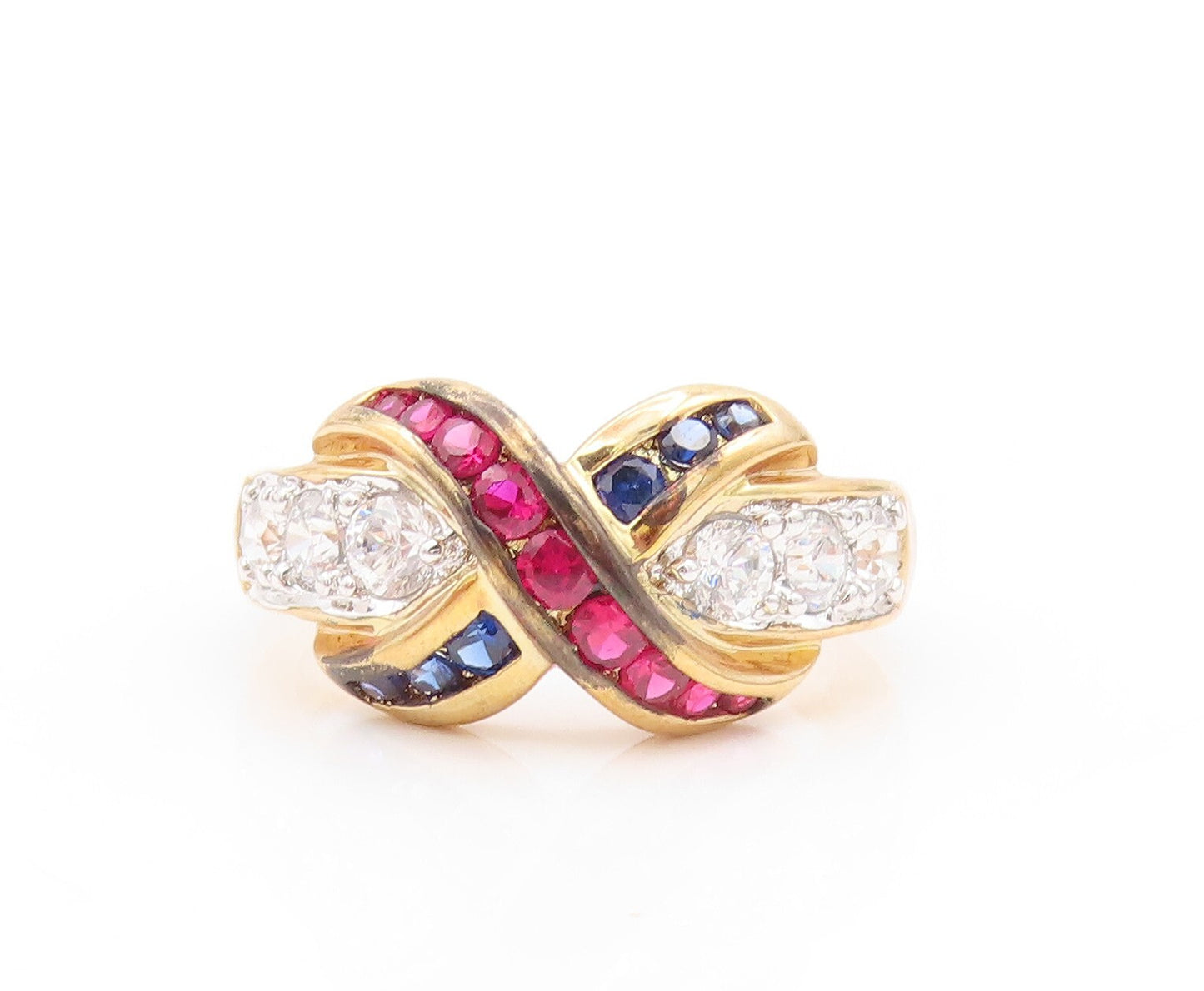 925 Sterling Silver Vintage Ring Gold Plated 3 Tone CZ Carved 'X'  Sz 8  RG31800