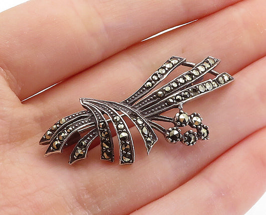 925 Sterling Silver  Vintage Marcasite Decorated Floral Brooch Pin  BP2573