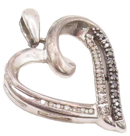 925 Sterling Silver Vintage Pendant Real Black & White Diamonds Heart  PT22634