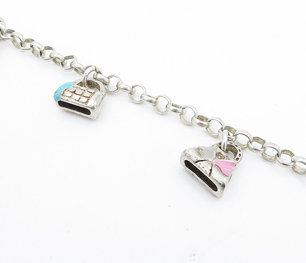 925 Sterling Silver  Vintage Enamel Handbag Charmed Chain Bracelet  BT3108
