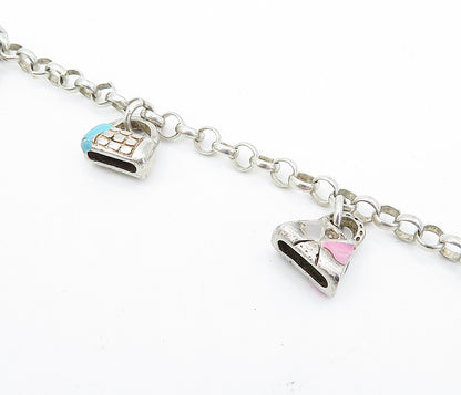 925 Sterling Silver  Vintage Enamel Handbag Charmed Chain Bracelet  BT3108