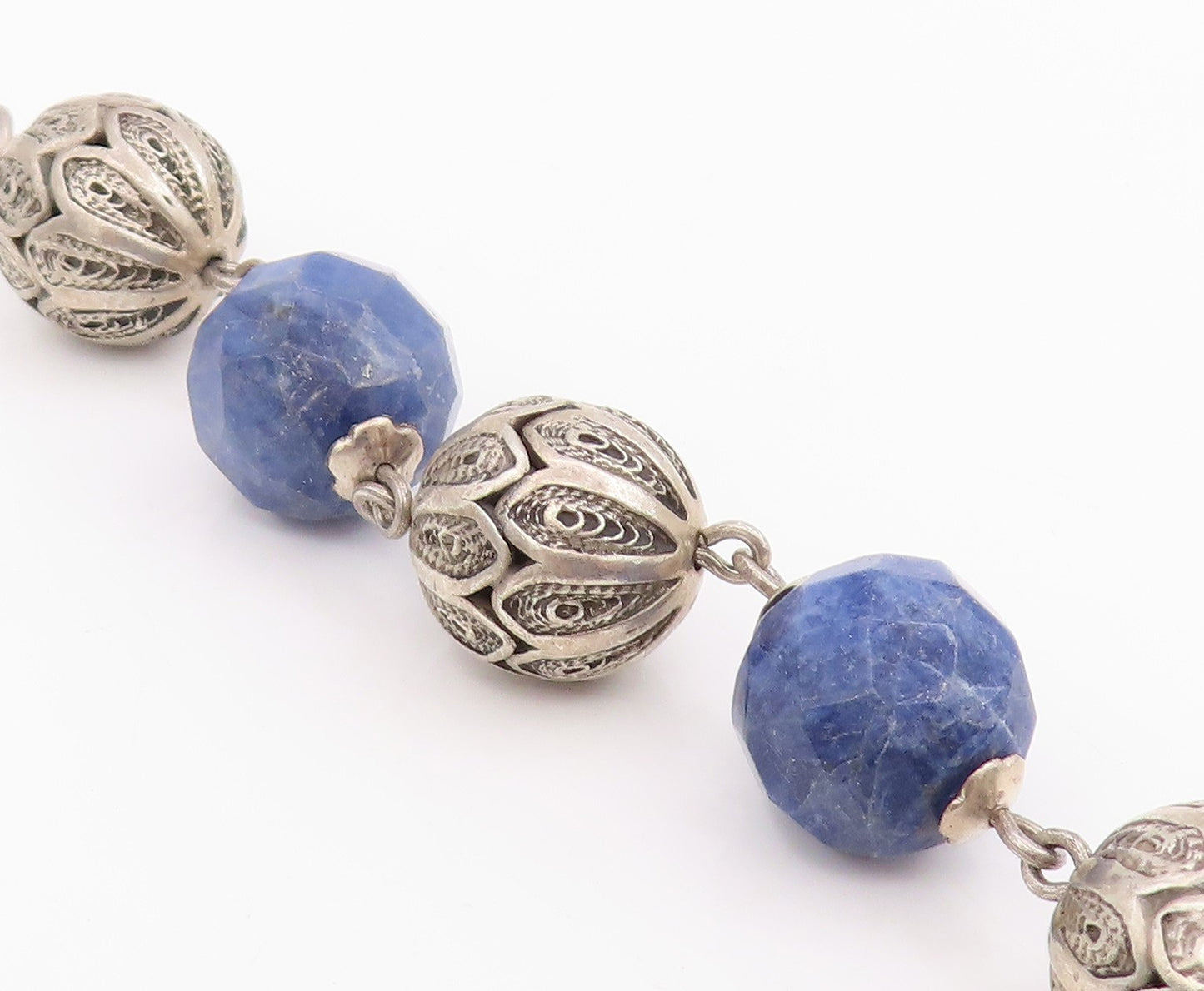 925 Sterling Silver Vintage Necklace Lapis Lazuli Beaded Bohemian Chain  NE4757