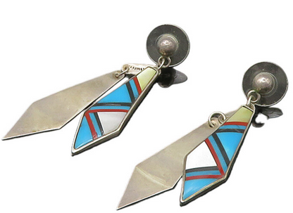 NAVAJO 925 Silver  Vintage Turquoise & Mother Of Pearl Dangle Earrings EG11083