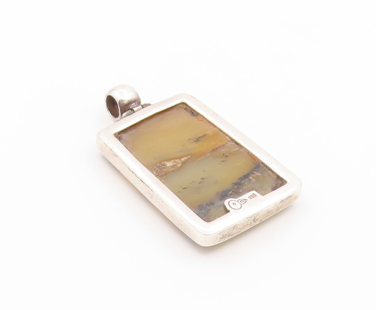 925 Sterling Silver Vintage Pendant Solid Picture Jasper Rectangle Frame PT26478