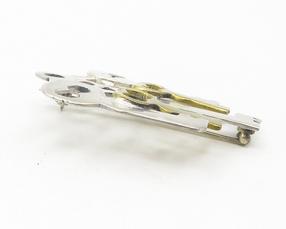 925 Sterling Silver  Vintage Shiny Two Tone Keys Smooth Brooch Pin  BP4372