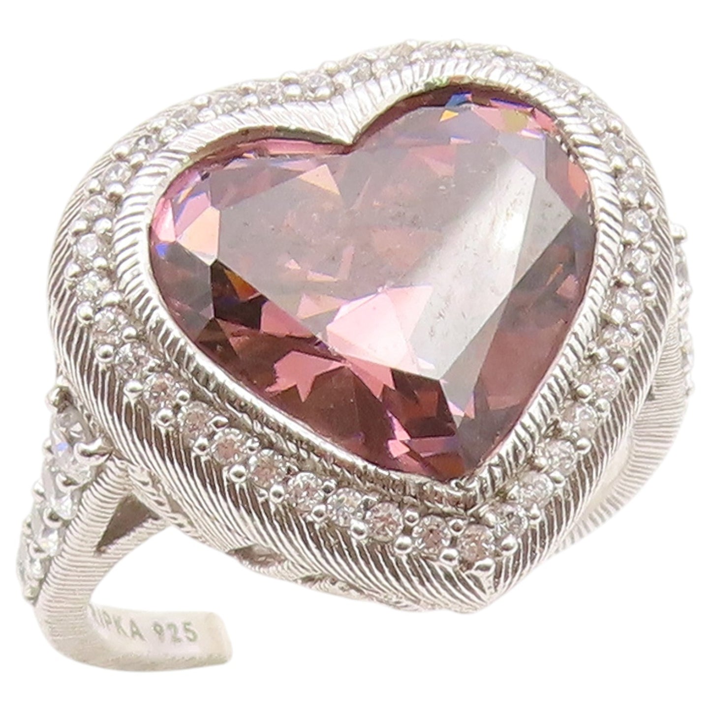 925 Sterling Silver Vintage Ring JUDITH RIPKA Pink CZ Love Heart  Sz 11  RG36588