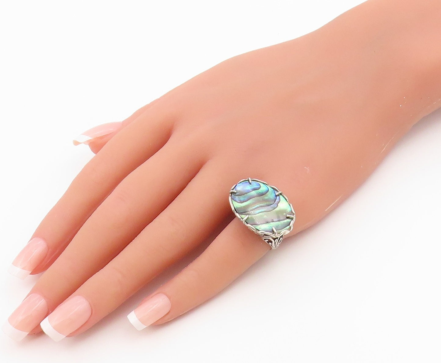 925 Sterling Silver Vintage Ring Classic Abalone Open Scrollwork  Sz 6  RG36503