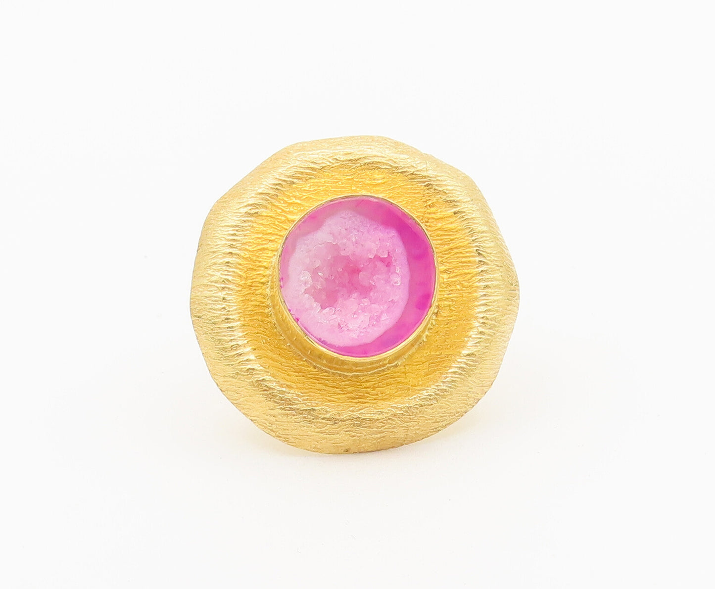 925 Sterling Silver Vintage Ring Gold Plated Pink Druzy Stone Sz 8  RG27983