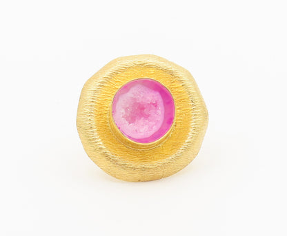 925 Sterling Silver Vintage Ring Gold Plated Pink Druzy Stone Sz 8  RG27983