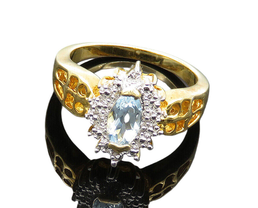 925 Sterling Silver  Blue Topaz Two Tone Shiny Floral Band Ring Sz 6  RG20335