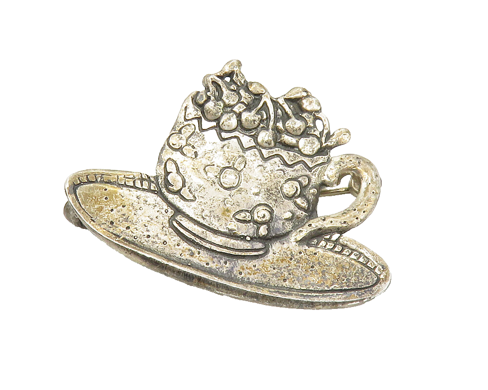 MEINK 925 Sterling Silver  Vintage Cup Of Cherries Oxidized Brooch Pin  BP5367