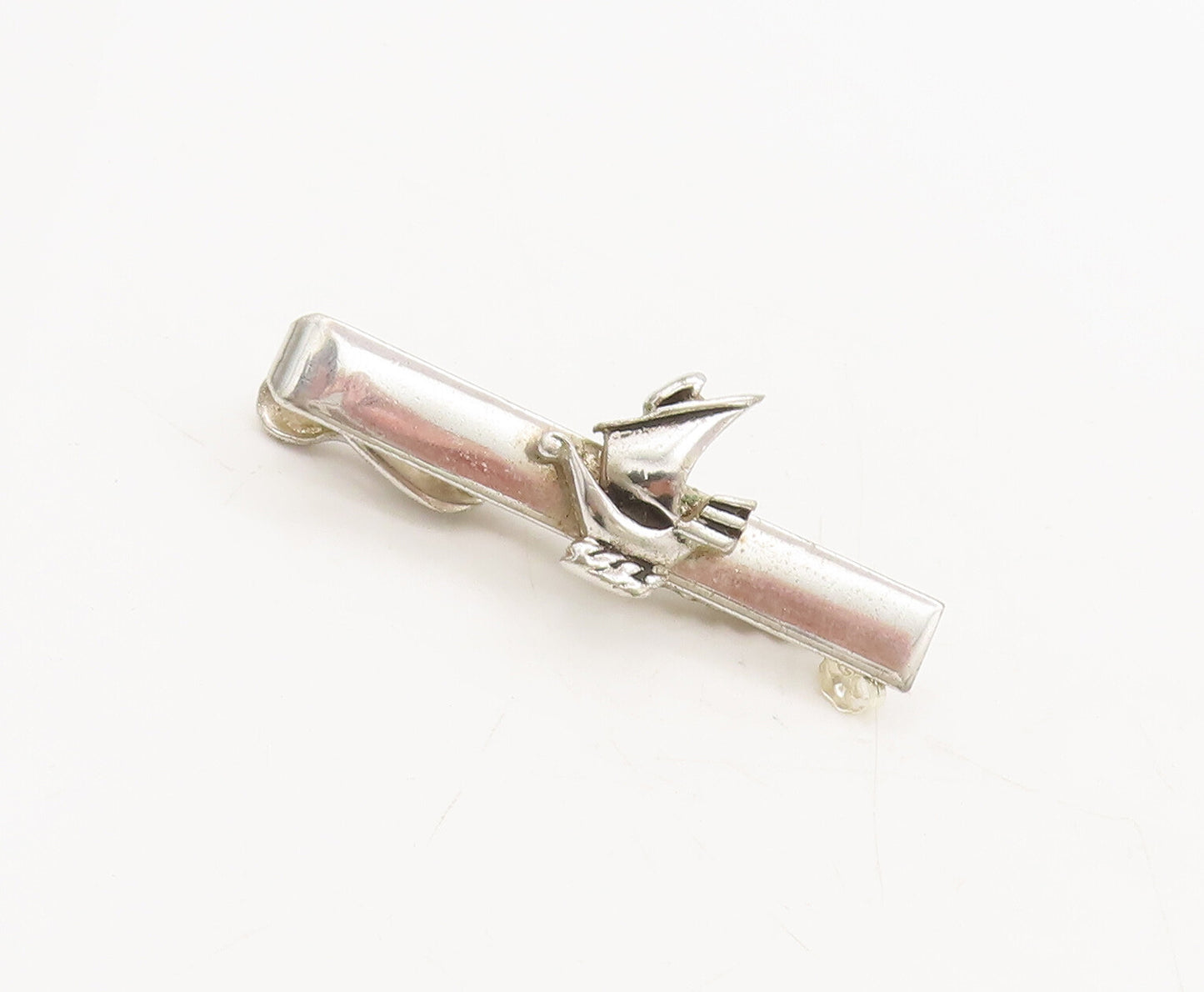 925 Sterling Silver  Vintage Sailor Ship Carved On Designer Tie Clip  TR3652