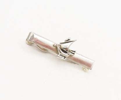 925 Sterling Silver  Vintage Sailor Ship Carved On Designer Tie Clip  TR3652