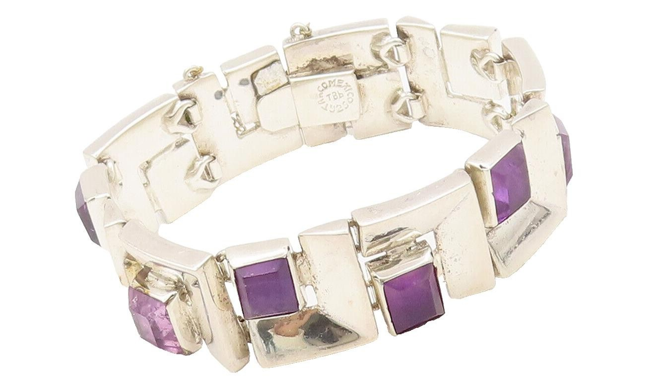 925 Sterling Silver Vintage Bracelet MEXICO Brutalist Carved Amethyst  BT10229