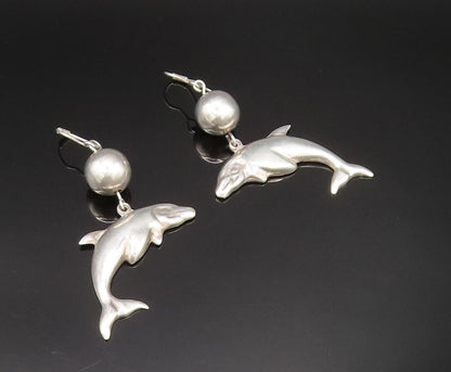 MEXICO 925 Silver  Vintage Bead Ball & Sculpted Dolphins Earrings  EG11830