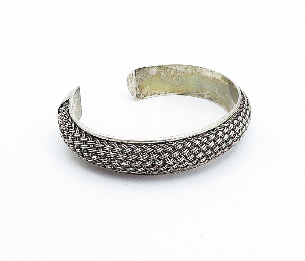 925 Sterling Silver  Vintage Dark Tone Basket Weave Cuff Bracelet  BT1428