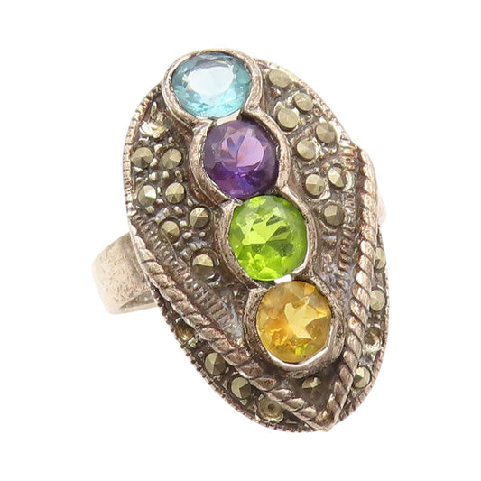 925 Sterling Silver Vintage Ring Antique Multi Gemstone Marcasite  SZ 8  RG31946