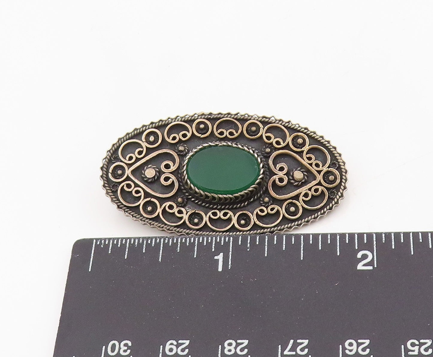 925 Sterling Silver Vintage Brooch ISRAEL Green Onyx Intricate Knotwork  BP12077