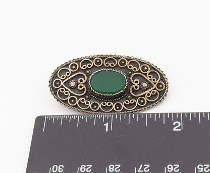 925 Sterling Silver Vintage Brooch ISRAEL Green Onyx Intricate Knotwork  BP12077