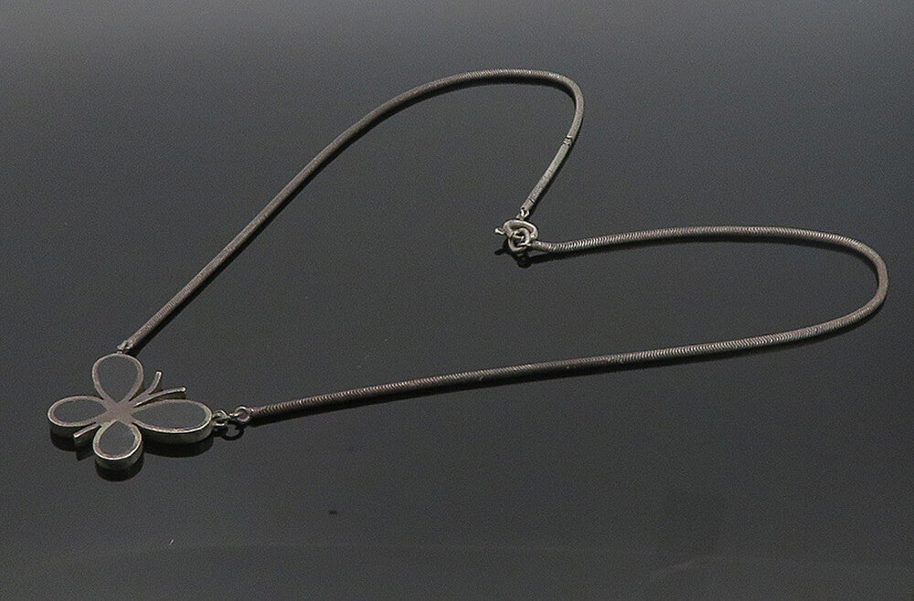 925 Silver Vintage Inlaid Black Onyx Butterfly Oxidized Chain Necklace NE1358
