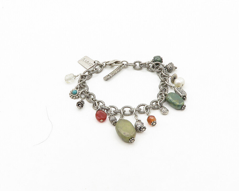 BARSE 925 Silver  Vintage Pearl Carnelian & Jasper Chain Bracelet  BT7972