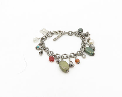BARSE 925 Silver  Vintage Pearl Carnelian & Jasper Chain Bracelet  BT7972