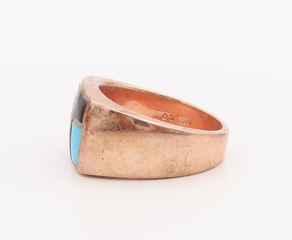 925 Sterling Silver Vintage Ring Multiple Gemstones Rectangle Inlay Sz 8 RG28707