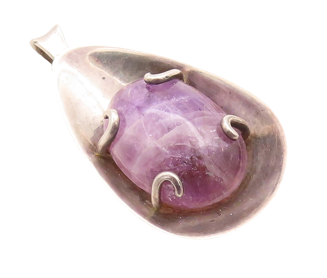 925 Sterling Silver Vintage Pendant Designer Large Cabochon Amethyst  PT23770