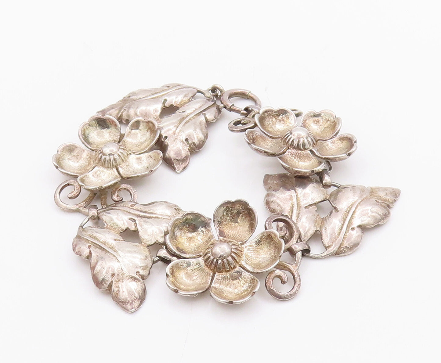 925 Sterling Silver Vintage Bracelet BAUR Solid Carved Flower & Leaves  BT10345