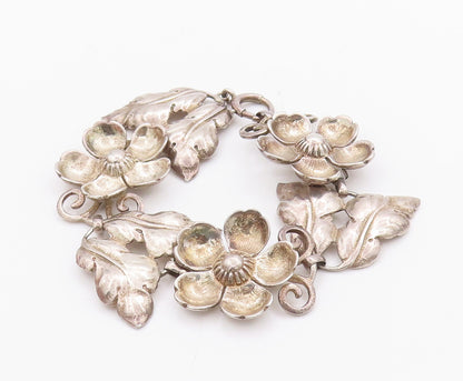 925 Sterling Silver Vintage Bracelet BAUR Solid Carved Flower & Leaves  BT10345