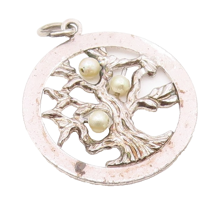 925 Sterling Silver  Vintage Petite Pearls Tree Motif Round Pendant  PT19131