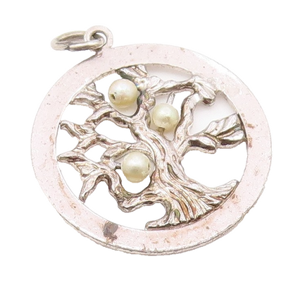 925 Sterling Silver  Vintage Petite Pearls Tree Motif Round Pendant  PT19131