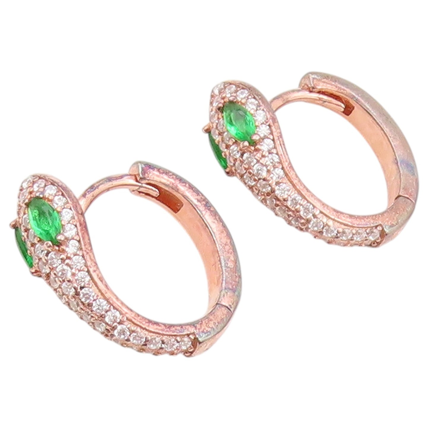 925 Sterling Silver Vintage Earrings Gold Plated Emerald & CZ Snake Hoop EG14517