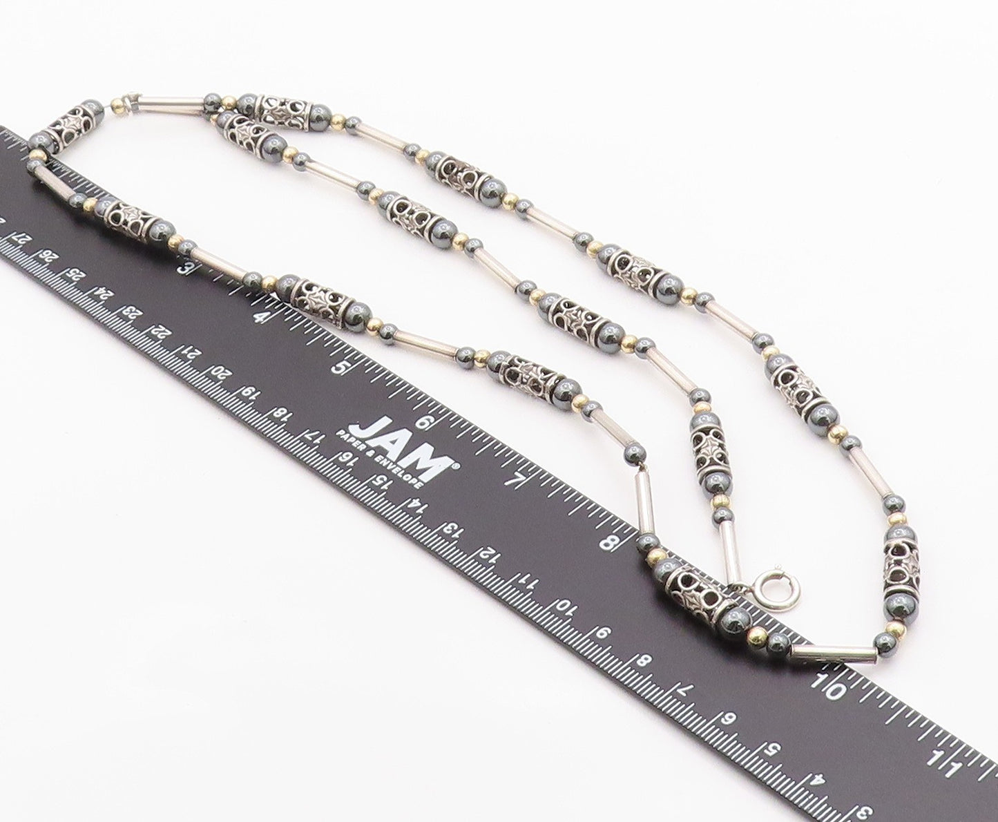 925 Sterling Silver Vintage Necklace Two Tone Hematite Bead & Barrel Tube NE4132