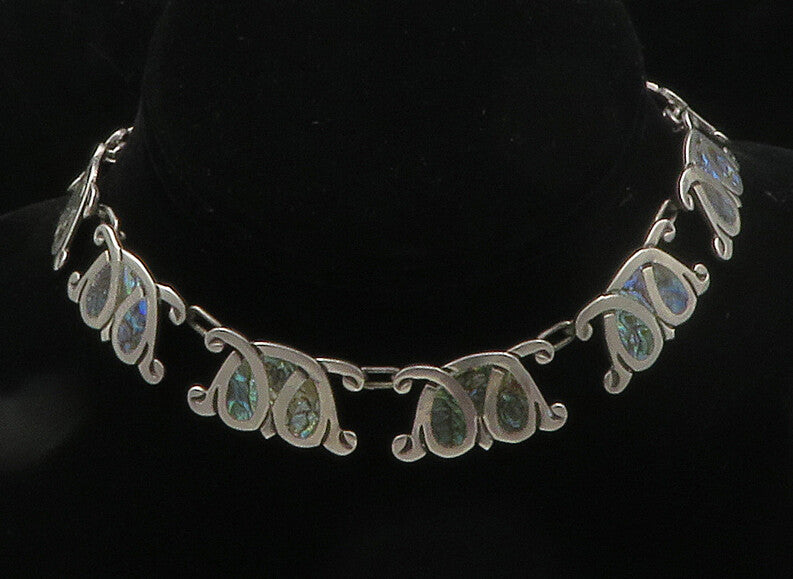 MEXICO 925 Sterling Silver  Vintage Inlaid Abalone Chain Necklace  NE2722