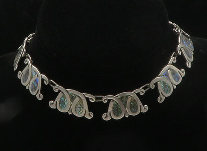 MEXICO 925 Sterling Silver  Vintage Inlaid Abalone Chain Necklace  NE2722