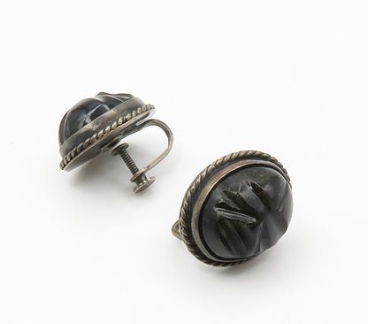 925 Sterling Silver  Vintage Face Carved Black Onyx Non Pierce Earrings EG7531