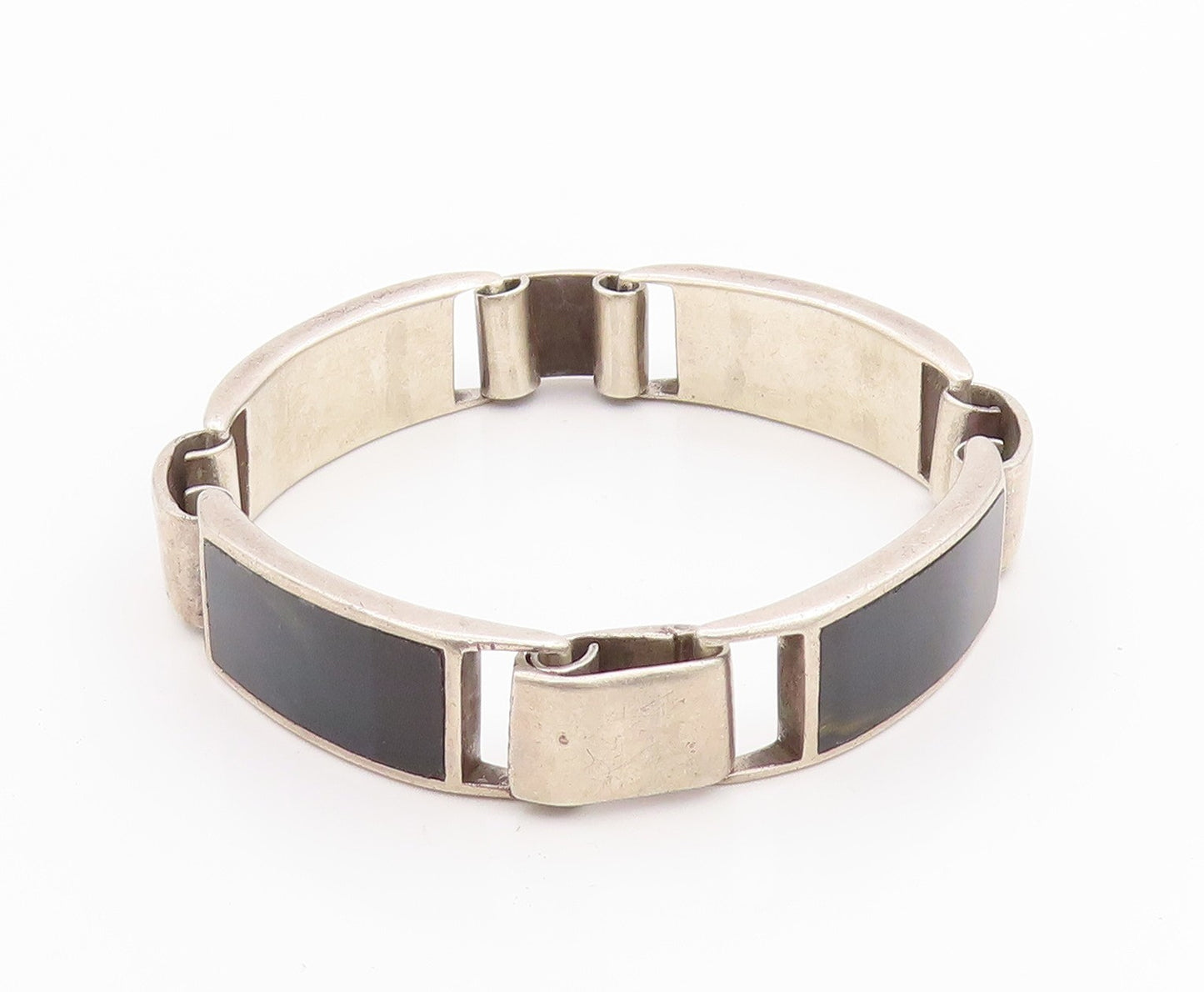 925 Sterling Silver Vintage Bracelet Designer Rectangle Onyx Inlay  BT11304