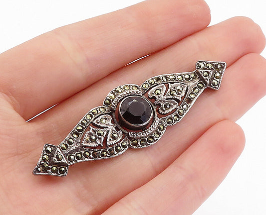 925 Sterling Silver  Vintage Black Hematite & Marcasite Brooch Pin  BP2350
