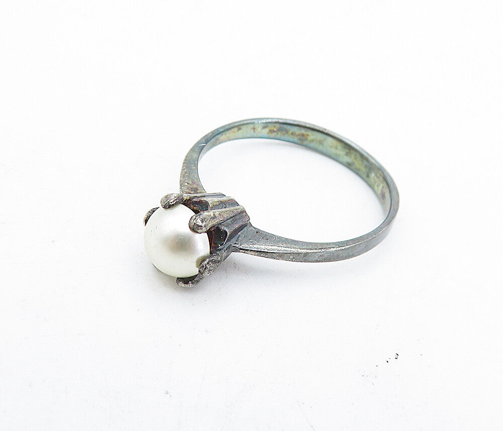 925 Sterling Silver Vintage Petite Pearl Dark Tone Solitaire Ring Sz 7 RG5197