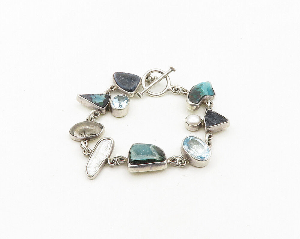 925 Silver Vintage Pearl Quartz Topaz & Multi Stone Chain Bracelet BT7697